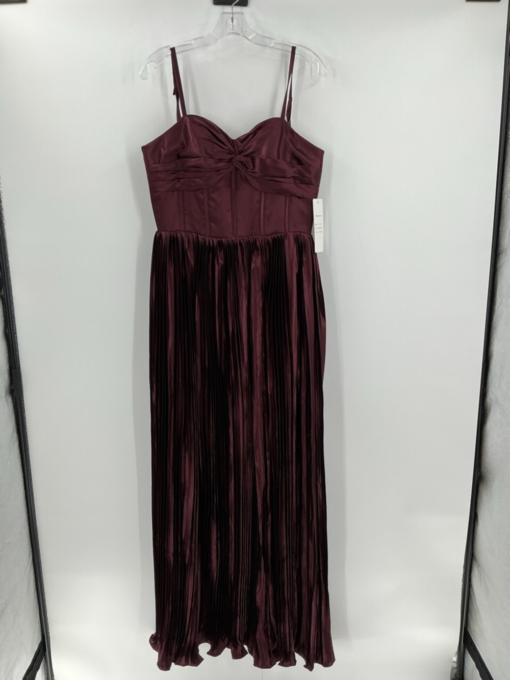 Wear your love size 6 Burgundy Pleated Satin Maxi Dress with Spaghetti Straps
